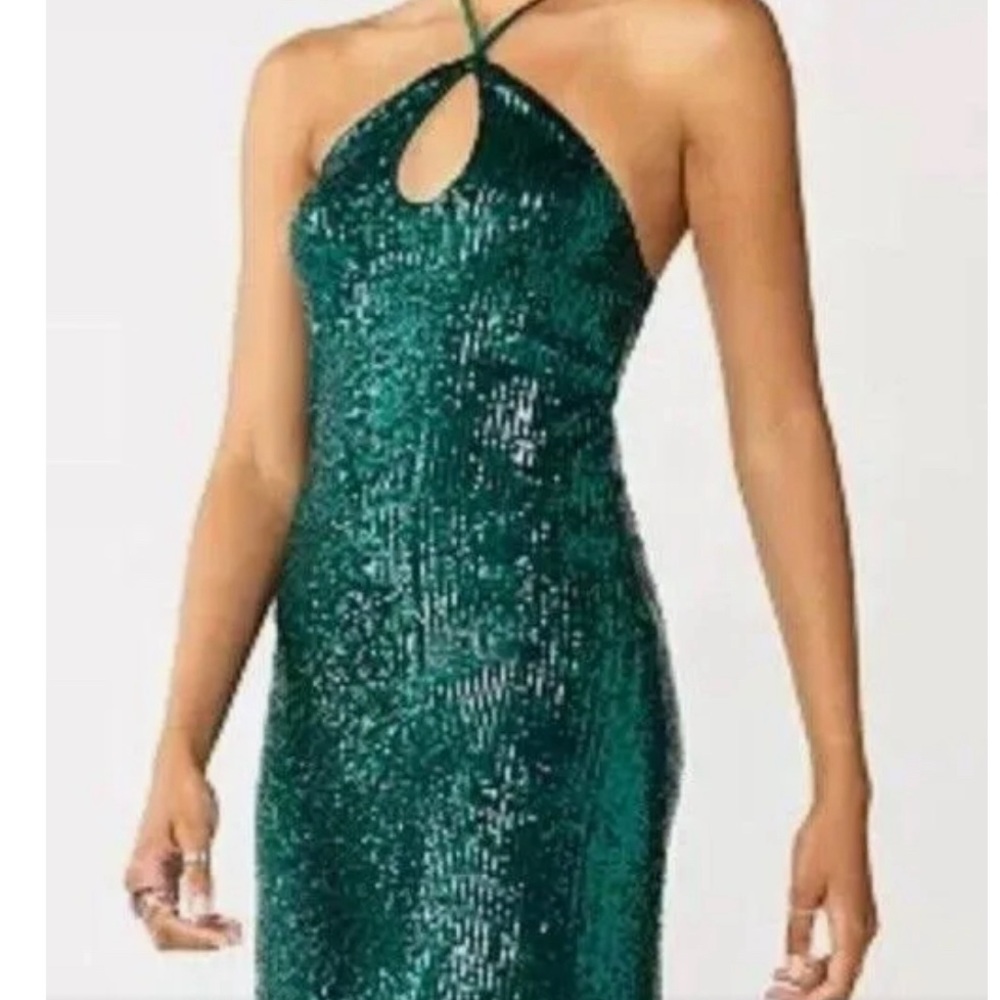SO Brand Sequin Green Mini Dress Halter Tie Keyhole Open Back Slip On Formal